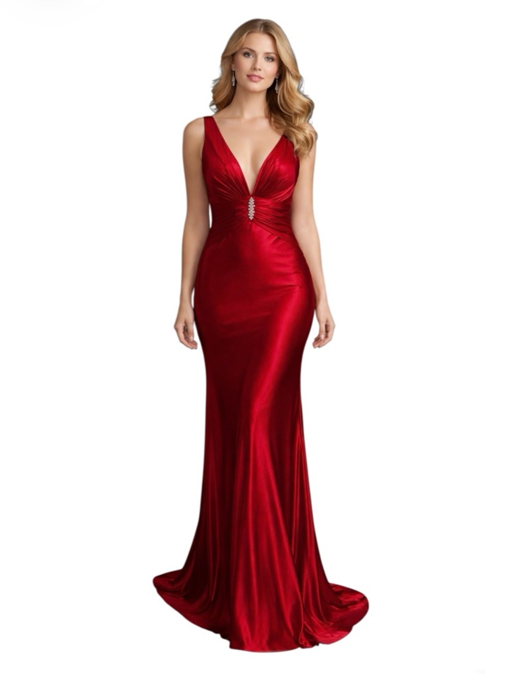 Deep plunge front & back Elegant Red Evening Gown by Morgan & Company